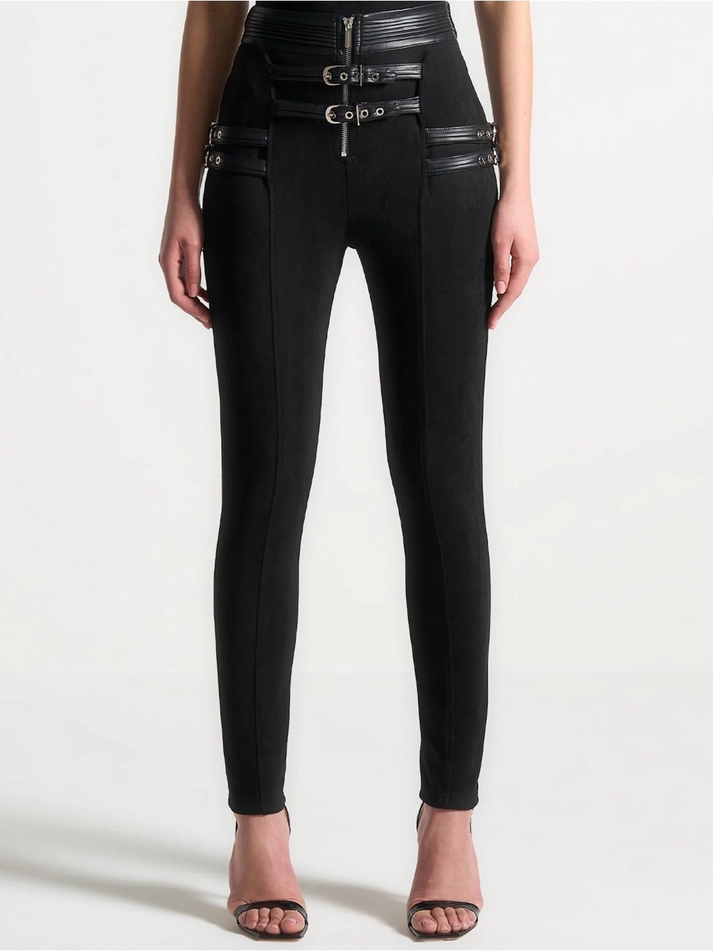 Maniere De Voir Black High-Waist Skinny Leggings with Buckle & Zip Detail